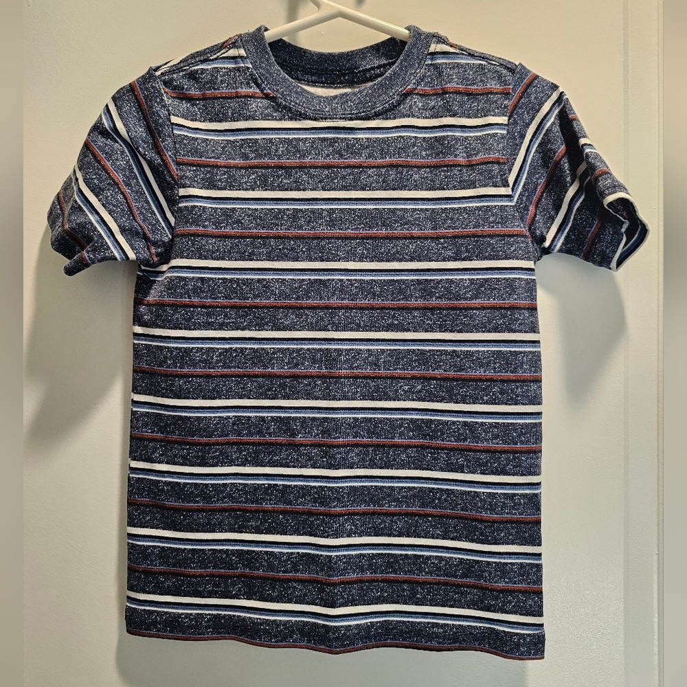 Kid's sz 4/5 Blue White Orange Striped Short Sleeve Crewneck T-Shirt Heathered